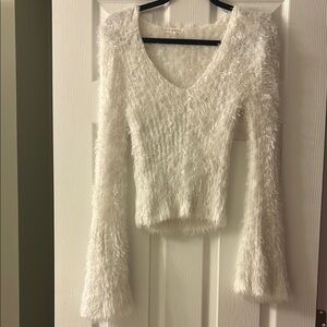 White Fuzzy V-Neck Sweater